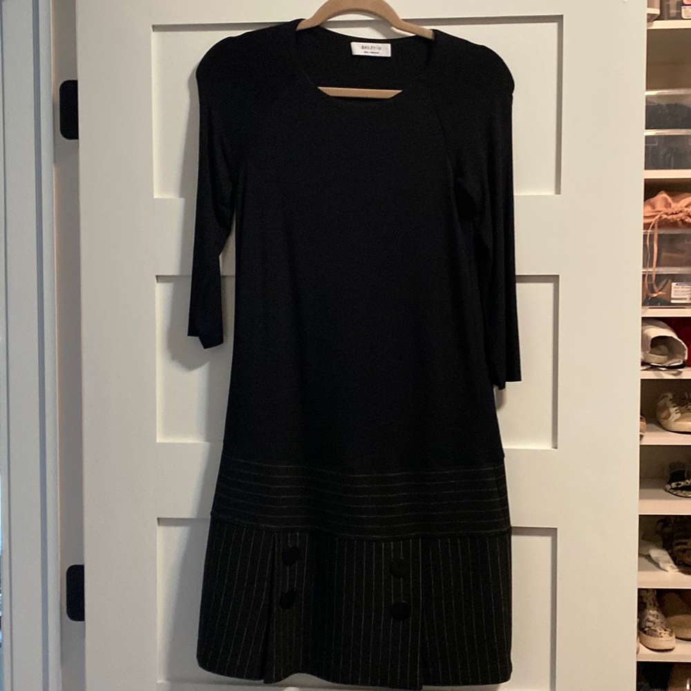 Bailey 44 Black Shift style lined dress with 3/4 sleeves & pinstripe bottom.